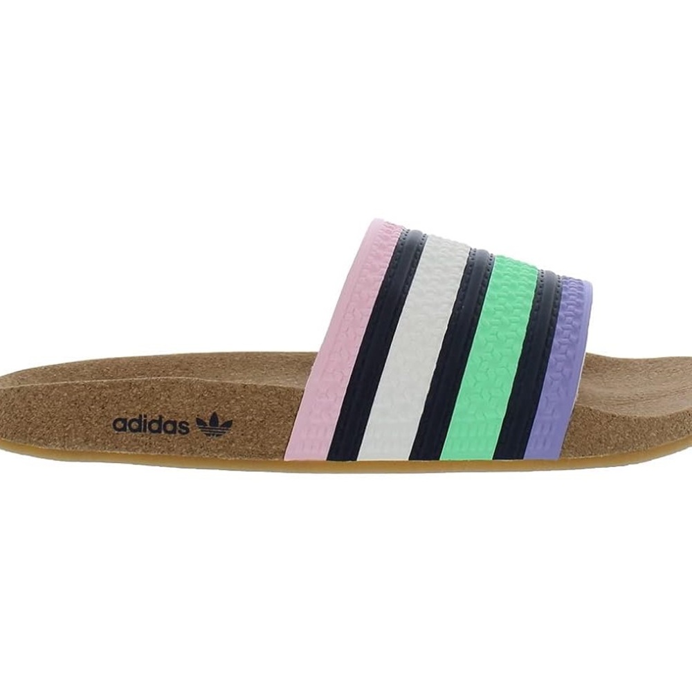 adidas Striped Slide Sandals - Pink, White, Green, Purple